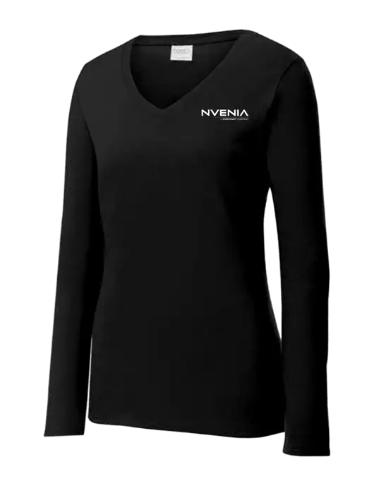 Womens V-Neck Ring Spun Jet Black 4.5 oz Long Sleeve T-Shirt w/nVenia Logo