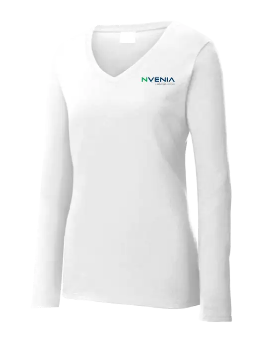Womens  V-Neck Ring Spun White 4.5 oz Long Sleeve T-Shirt w/nVenia Logo