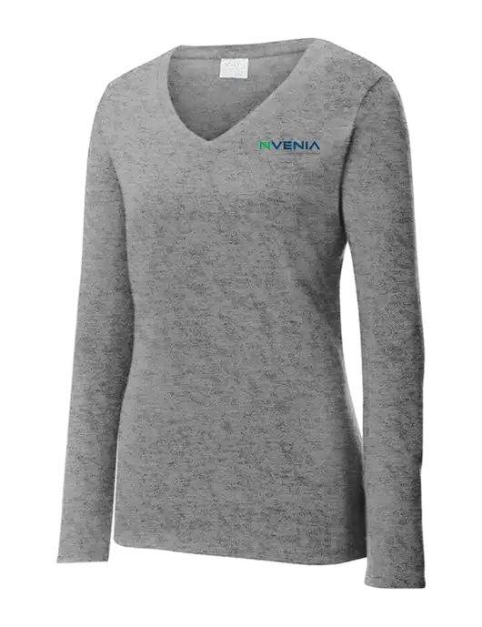 Womens  V-Neck Ring Spun Grey Heather 4.5 oz Long Sleeve T-Shirt w/nVenia Logo