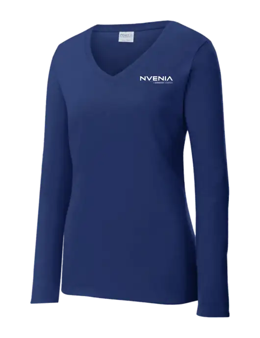 Womens  V-Neck Ring Spun Navy 4.5 oz Long Sleeve T-Shirt w/nVenia Logo
