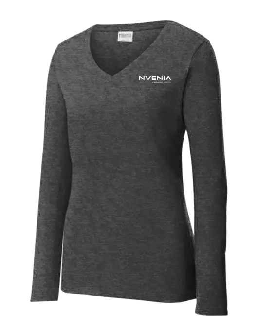 Womens  V-Neck Ring Spun Dark Heather Grey 4.5 oz Long Sleeve T-Shirt w/nVenia Logo