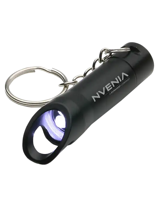 Black Pocket LED Flashlight with Bottle Opener & Keychain w/nVenia Logo